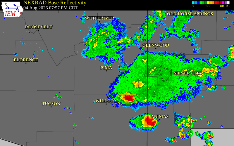 NEXRAD radar during the Tuesday, August 4, 2026 storm activity in Graham County, Arizona