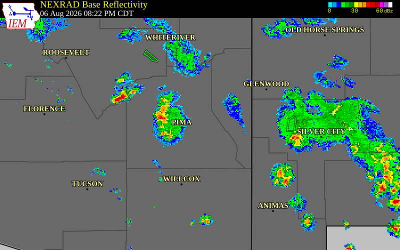 NEXRAD radar during the Thursday, August 6, 2026 storm activity in Graham County, Arizona