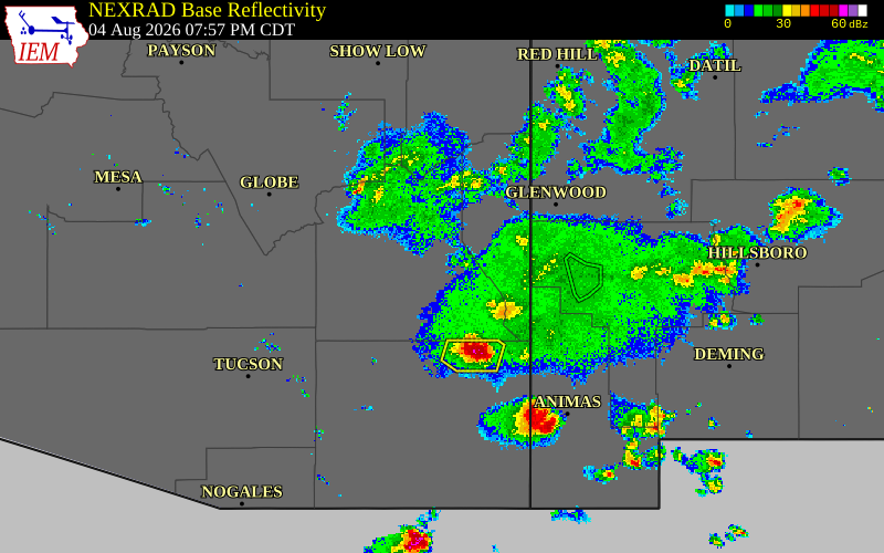 Radar snapshot during the Aug 4, 2026 wind event near 4 ENE Safford, Graham County, Arizona, with NWS warning polygons