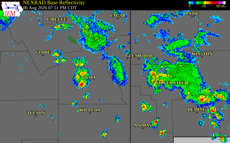 NEXRAD radar during the Thursday, August 6, 2026 storm activity in Greenlee County, Arizona
