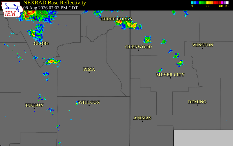 NEXRAD radar during the Saturday, August 8, 2026 storm activity in Greenlee County, Arizona