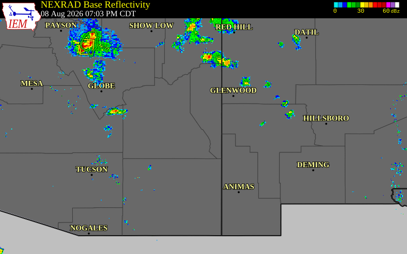 Radar snapshot during the Aug 8, 2026 wind event near 10 S Clifton, Greenlee County, Arizona, with NWS warning polygons