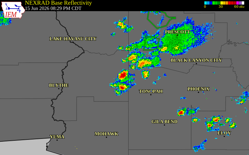 NEXRAD radar during the Monday, June 15, 2026 storm activity in La Paz County, Arizona