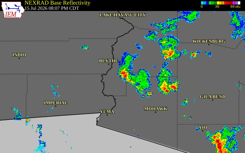 NEXRAD radar during the Wednesday, July 15, 2026 storm activity in La Paz County, Arizona