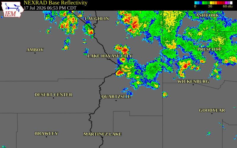 NEXRAD radar during the Friday, July 17, 2026 storm activity in La Paz County, Arizona