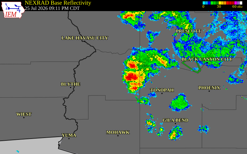 NEXRAD radar during the Saturday, July 25, 2026 storm activity in La Paz County, Arizona