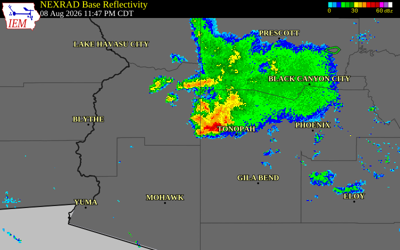 NEXRAD radar during the Saturday, August 8, 2026 storm activity in La Paz County, Arizona