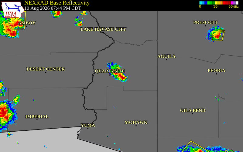 NEXRAD radar during the Monday, August 10, 2026 storm activity in La Paz County, Arizona