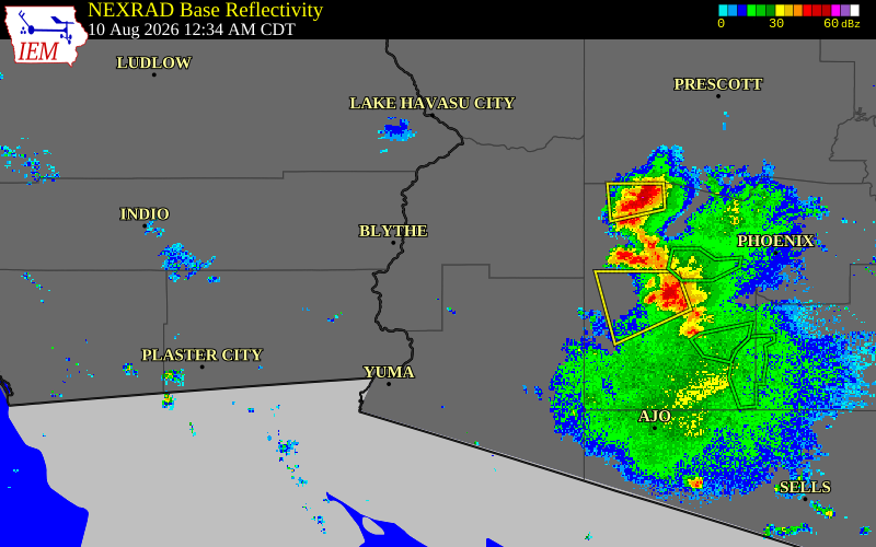 Radar snapshot during the Aug 9, 2026 wind event near 18 SSW Quartzsite, La Paz County, Arizona, with NWS warning polygons