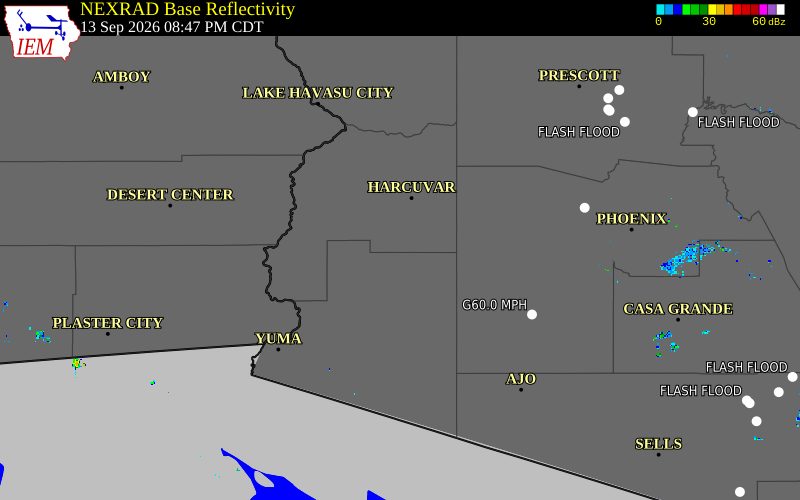 Current NEXRAD radar over La Paz County, Arizona with recent storm report locations