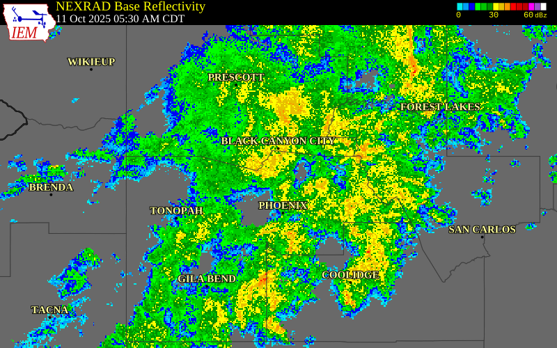 NEXRAD radar during the Saturday, October 11, 2025 storm activity in Maricopa County, Arizona