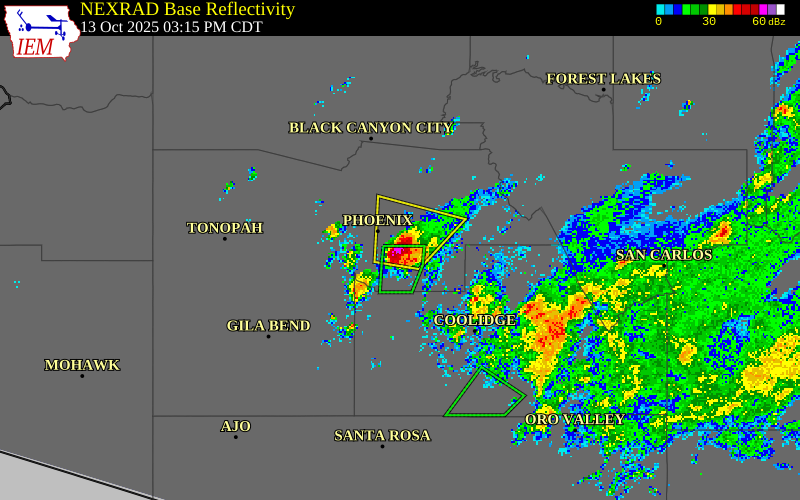 NEXRAD radar during the Monday, October 13, 2025 storm activity in Maricopa County, Arizona