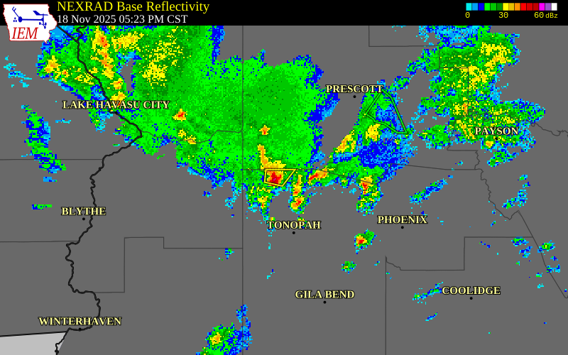 NEXRAD radar during the Tuesday, November 18, 2025 storm activity in Maricopa County, Arizona