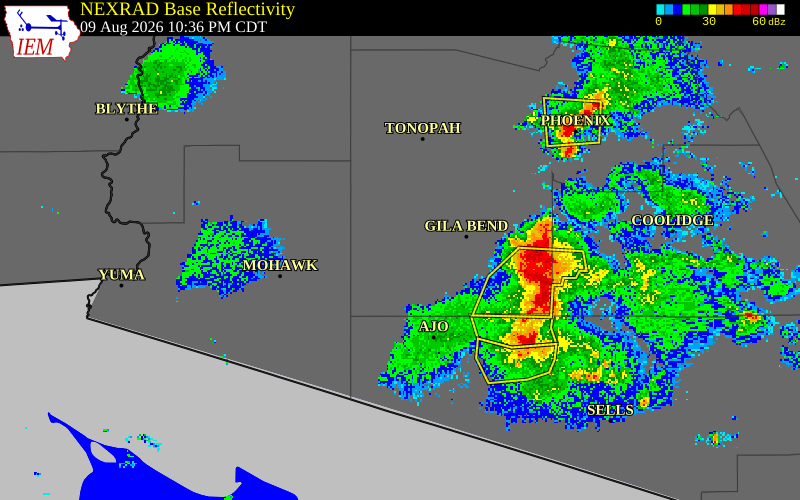 NEXRAD radar during the Sunday, August 9, 2026 storm activity in Maricopa County, Arizona