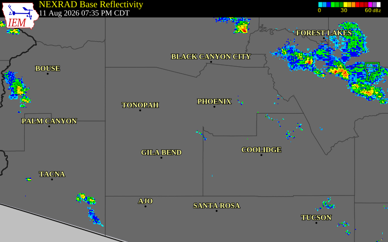 NEXRAD radar during the Tuesday, August 11, 2026 storm activity in Maricopa County, Arizona
