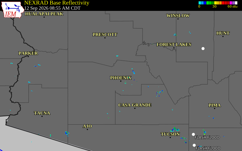 Current NEXRAD radar over Maricopa County, Arizona with recent storm report locations