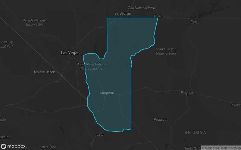 Map of Mohave County, Arizona showing the county boundary and surrounding cities