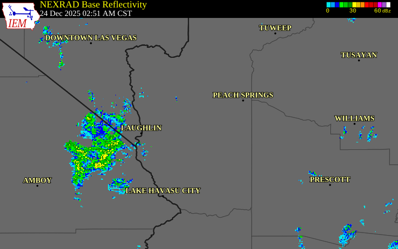 NEXRAD radar during the Wednesday, December 24, 2025 storm activity in Mohave County, Arizona