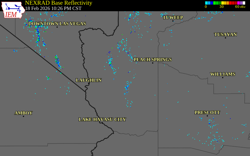 NEXRAD radar during the Wednesday, February 18, 2026 storm activity in Mohave County, Arizona