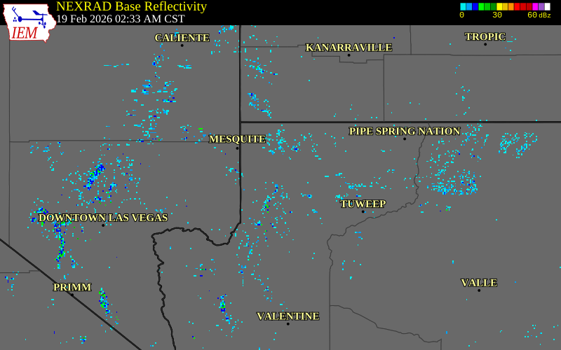 NEXRAD radar during the Thursday, February 19, 2026 storm activity in Mohave County, Arizona
