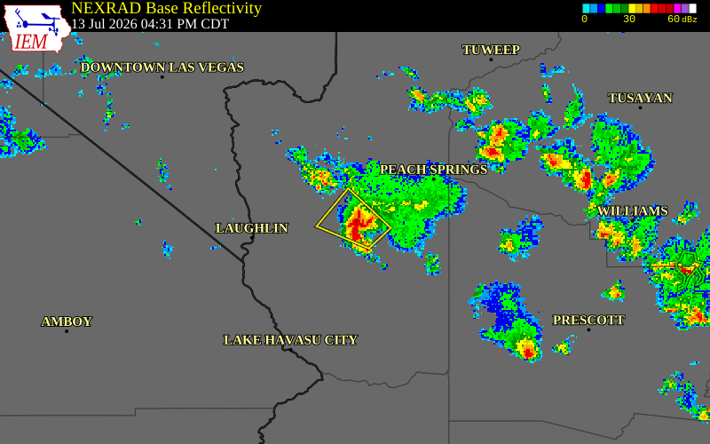 NEXRAD radar during the Monday, July 13, 2026 storm activity in Mohave County, Arizona