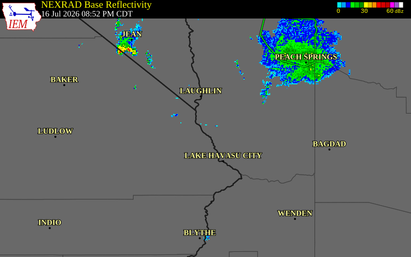 NEXRAD radar during the Thursday, July 16, 2026 storm activity in Mohave County, Arizona