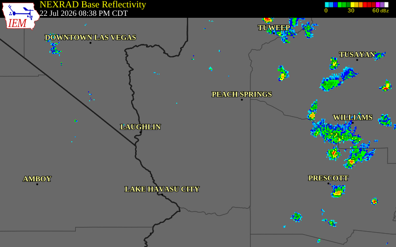 NEXRAD radar during the Wednesday, July 22, 2026 storm activity in Mohave County, Arizona