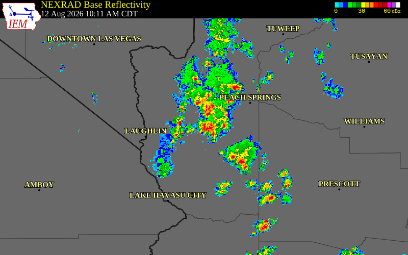 NEXRAD radar during the Wednesday, August 12, 2026 storm activity in Mohave County, Arizona