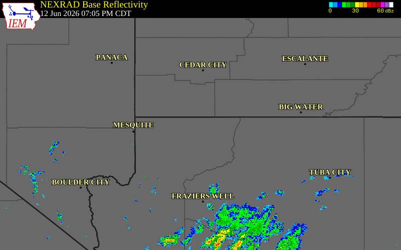 Radar snapshot during the Jun 12, 2026 tornado event near 10 SW Colorado City, Mohave County, Arizona, with NWS warning polygons