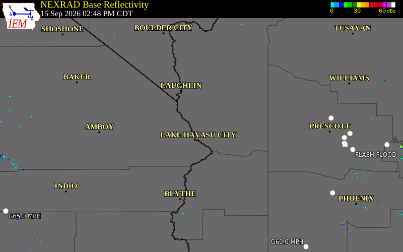 Current NEXRAD radar over Mohave County, Arizona with recent storm report locations