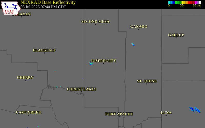 NEXRAD radar during the Sunday, July 5, 2026 storm activity in Navajo County, Arizona