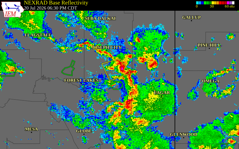 NEXRAD radar during the Monday, July 20, 2026 storm activity in Navajo County, Arizona