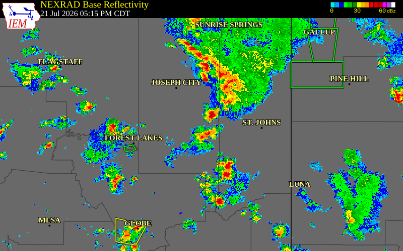 NEXRAD radar during the Tuesday, July 21, 2026 storm activity in Navajo County, Arizona