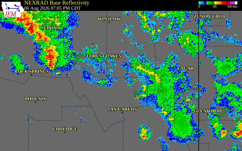 NEXRAD radar during the Thursday, August 6, 2026 storm activity in Navajo County, Arizona
