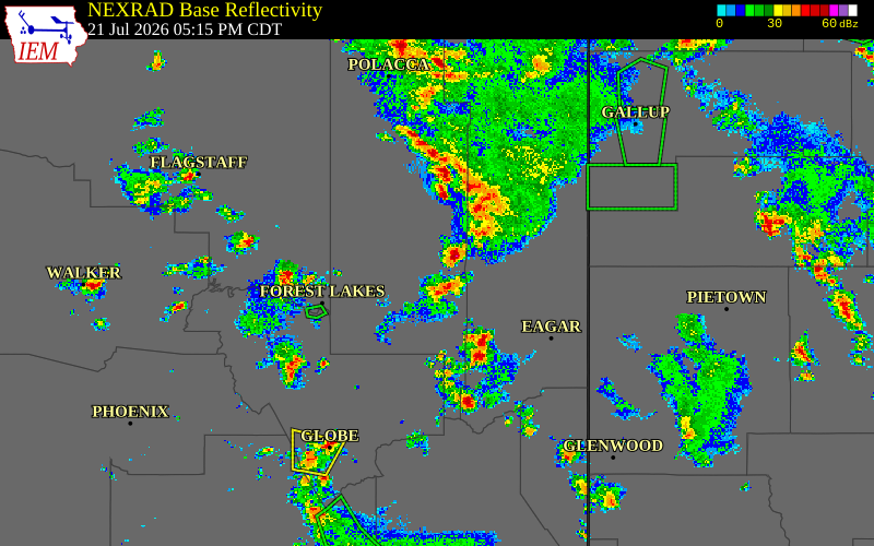 Radar snapshot during the Jul 21, 2026 tornado event near 2 ENE Snowflake, Navajo County, Arizona, with NWS warning polygons