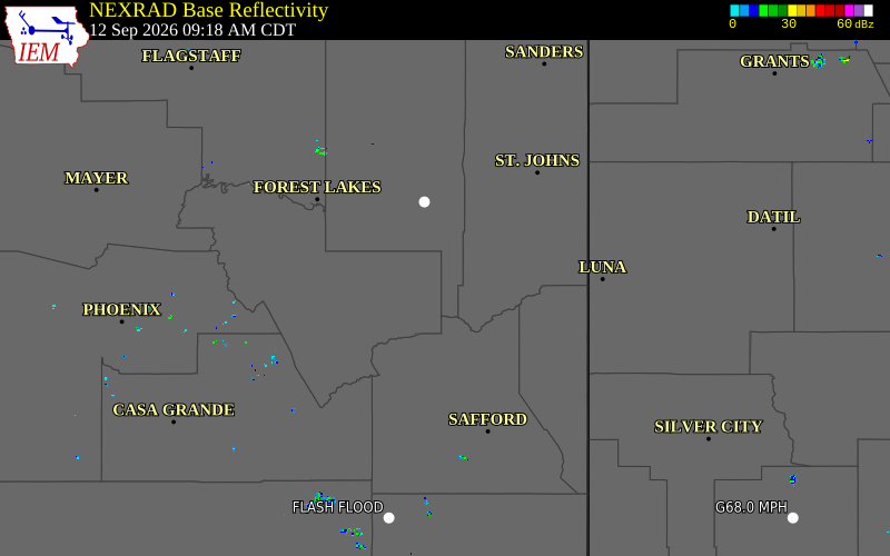 Current NEXRAD radar over Navajo County, Arizona with recent storm report locations