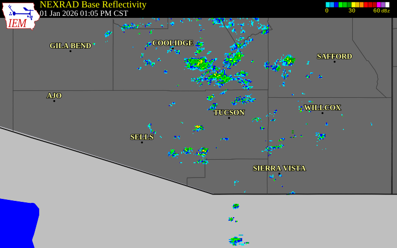 NEXRAD radar during the Thursday, January 1, 2026 storm activity in Pima County, Arizona