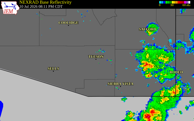 NEXRAD radar during the Friday, July 10, 2026 storm activity in Pima County, Arizona