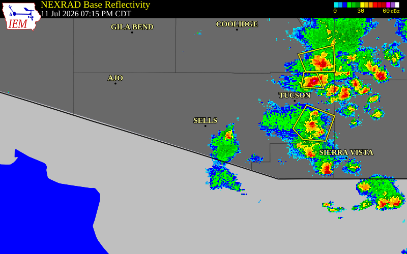 NEXRAD radar during the Saturday, July 11, 2026 storm activity in Pima County, Arizona