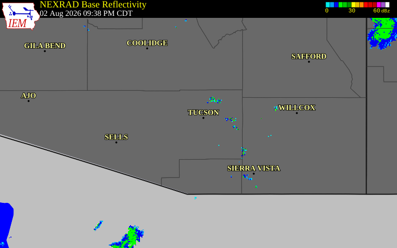 NEXRAD radar during the Sunday, August 2, 2026 storm activity in Pima County, Arizona