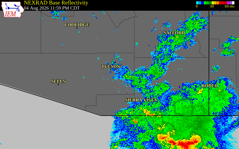 NEXRAD radar during the Tuesday, August 4, 2026 storm activity in Pima County, Arizona