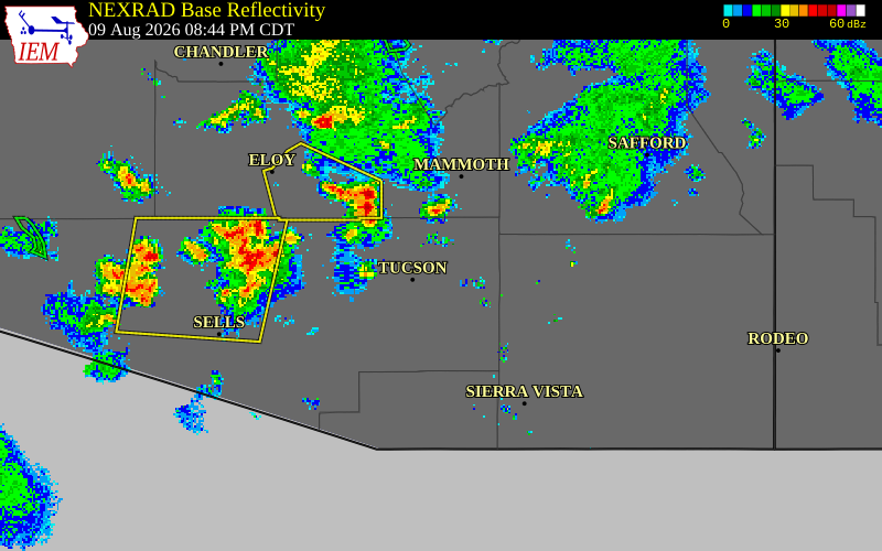 NEXRAD radar during the Sunday, August 9, 2026 storm activity in Pima County, Arizona