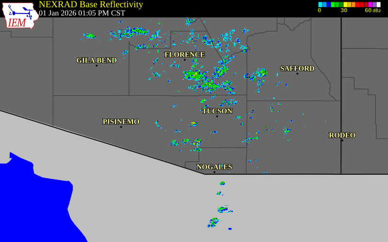 Radar snapshot during the Jan 1, 2026 tornado event near 5 NNE Three Points, Pima County, Arizona, with NWS warning polygons