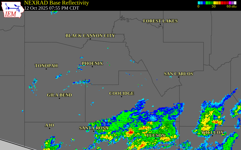 NEXRAD radar during the Sunday, October 12, 2025 storm activity in Pinal County, Arizona