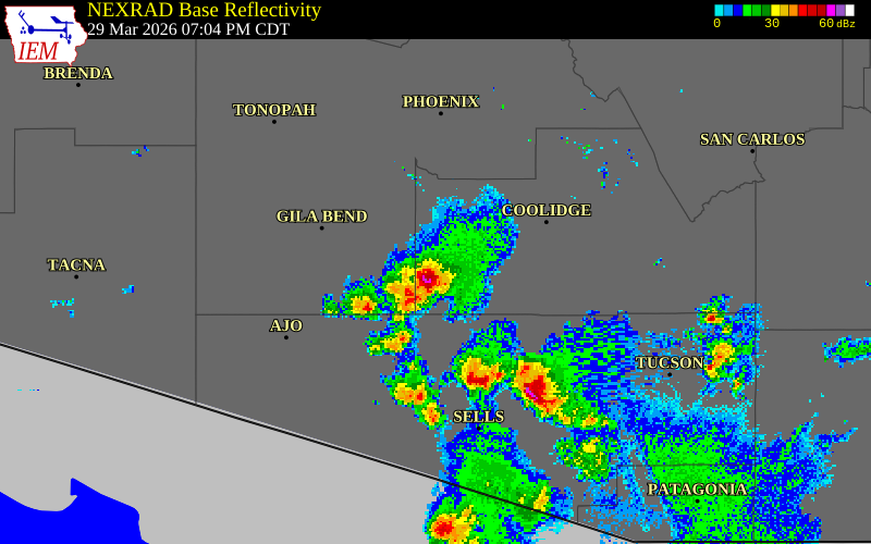 NEXRAD radar during the Sunday, March 29, 2026 storm activity in Pinal County, Arizona