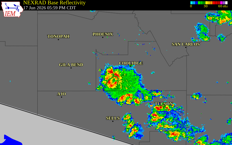 NEXRAD radar during the Wednesday, June 17, 2026 storm activity in Pinal County, Arizona