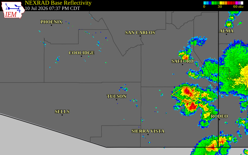 NEXRAD radar during the Friday, July 10, 2026 storm activity in Pinal County, Arizona