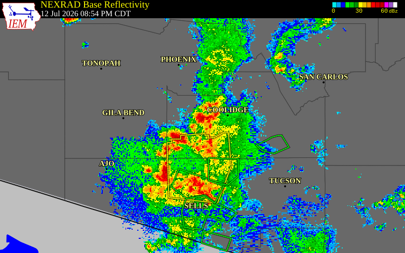 NEXRAD radar during the Sunday, July 12, 2026 storm activity in Pinal County, Arizona