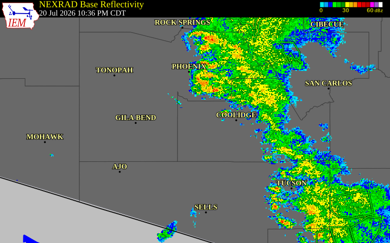 NEXRAD radar during the Monday, July 20, 2026 storm activity in Pinal County, Arizona