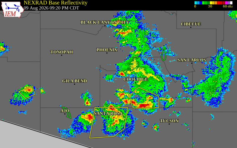 NEXRAD radar during the Sunday, August 9, 2026 storm activity in Pinal County, Arizona